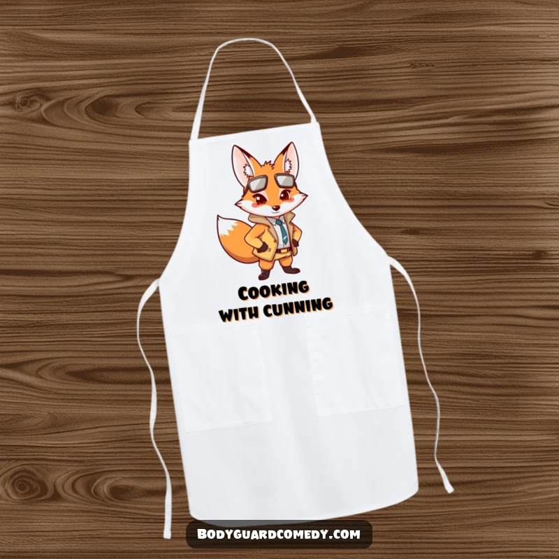 Funny apron showcasing an alert fox in a sharp outfit, posing confidently, perfect for cooking with cleverness and humor.