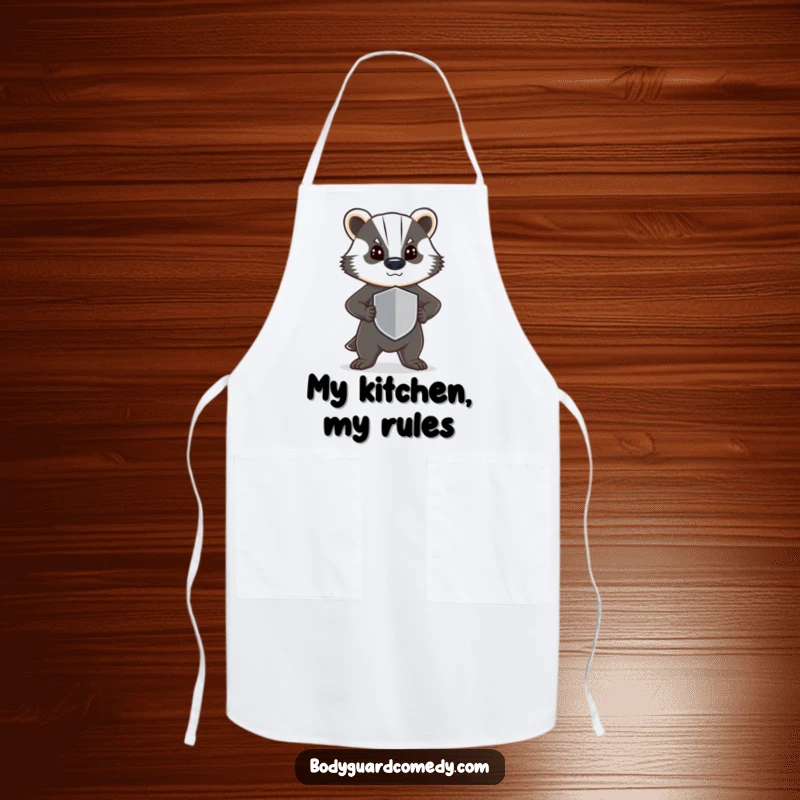 Funny apron showcasing a steadfast badger standing guard with a small shield, perfect for cooking with determination and humor.