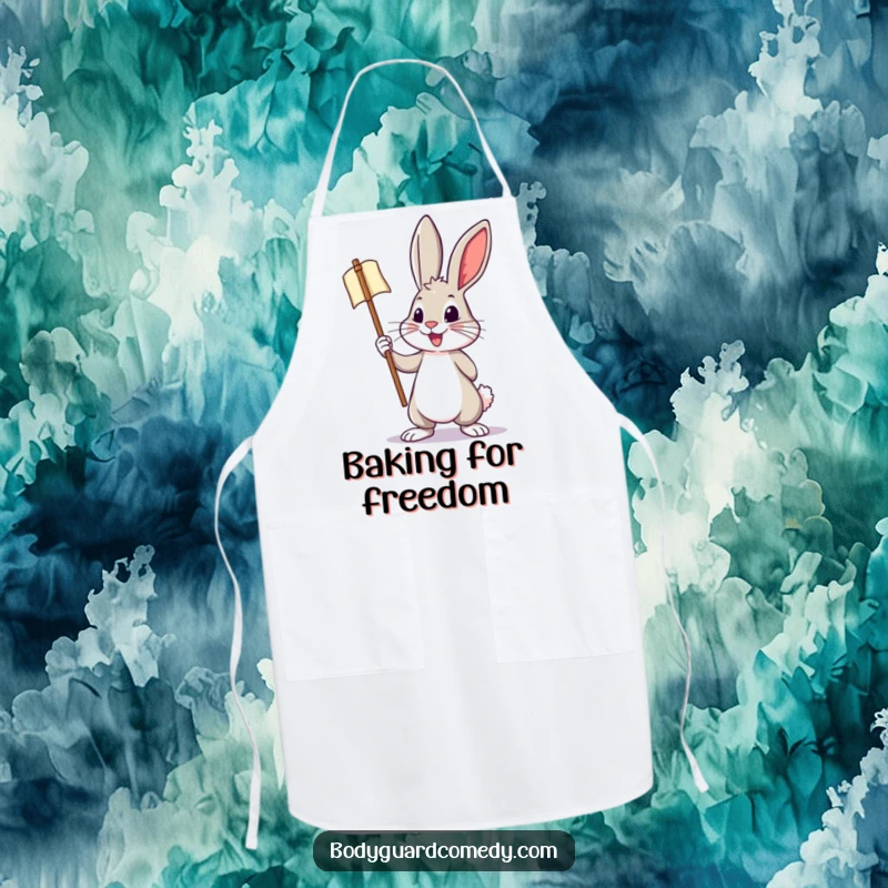 Funny apron showcasing a brave rabbit holding a miniature banner with a bold, energetic posture, perfect for cooking with enthusiasm.