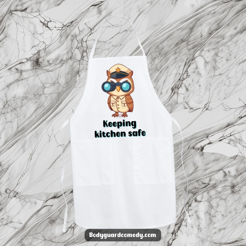 Funny apron showcasing a vigilant owl in a crisp uniform, peering through binoculars, ideal for cooking with humor and alertness.