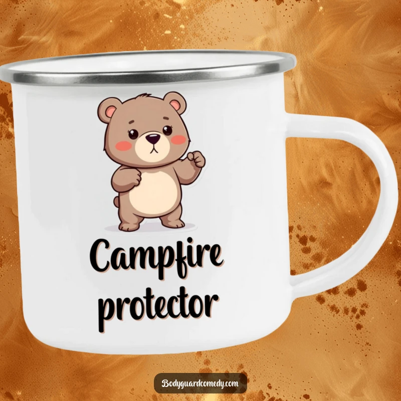 Funny camping mug featuring a protective bear playfully flexing tiny muscles, perfect for outdoor drinks with a humorous touch.