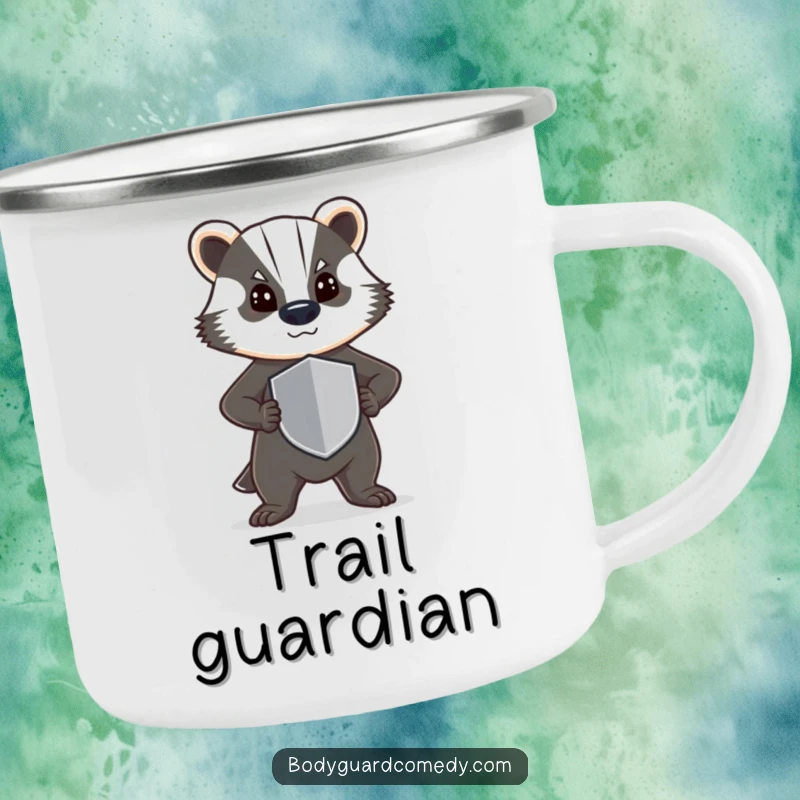 Funny camping mug featuring a steadfast badger standing guard with a small shield, perfect for outdoor drinks with a humorous touch.