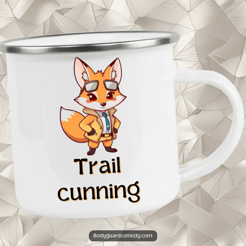 Funny camping mug featuring an alert fox in a sharp outfit, posing confidently, perfect for outdoor drinks with a humorous touch.