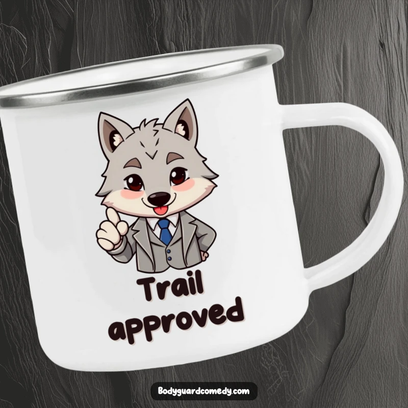 Funny brave grey wolf in a sharp suit giving a firm nod of approval on a camping mug, perfect for outdoor beverages with sophisticated approval.