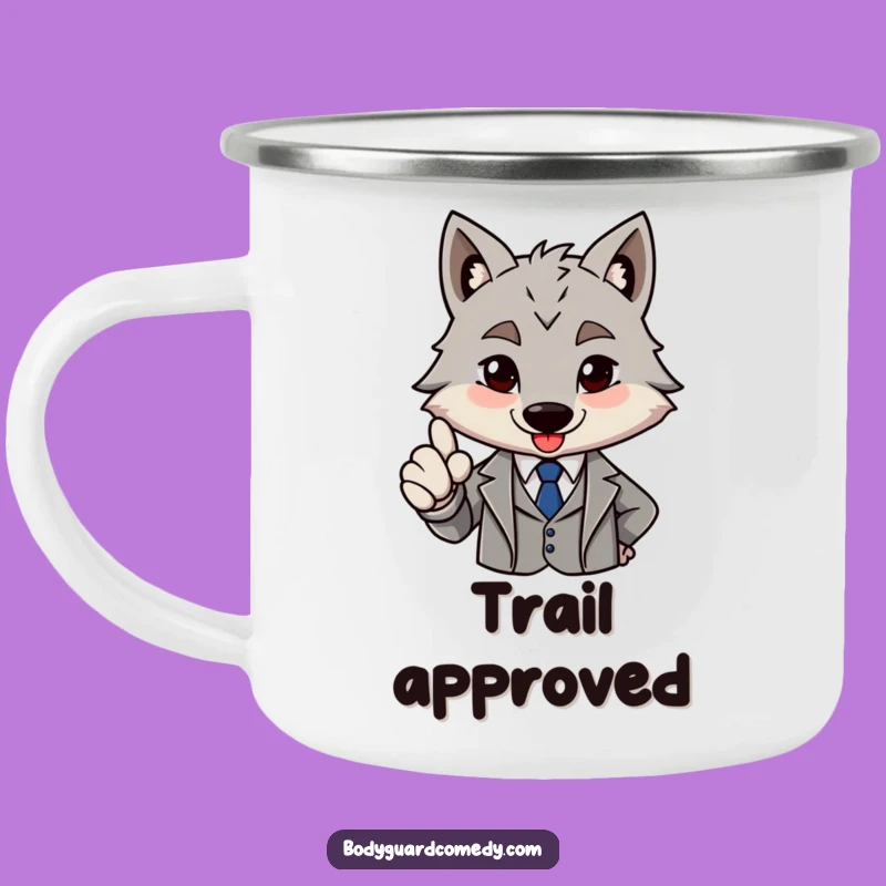 Funny Wolf Camping Mug: Sharp Suit Nod, Brave Approval, Great Humorous Gift!