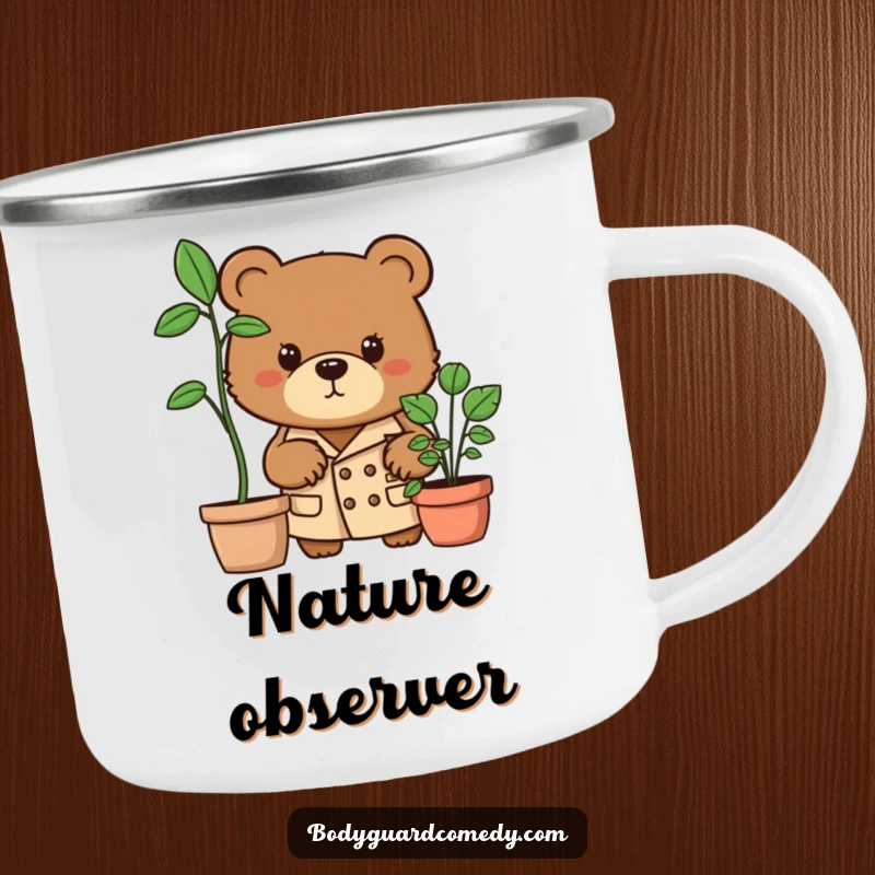 Funny brown bear in trench coat peering intently from behind a potted plant on a camping mug, perfect for outdoor beverages with a detective flair.