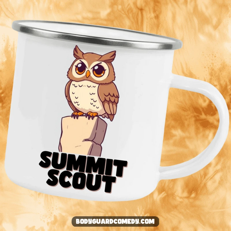 Funny watchful owl perched on a high ledge, scanning the horizon with wide eyes on a camping mug, perfect for outdoor beverages with wise observation.