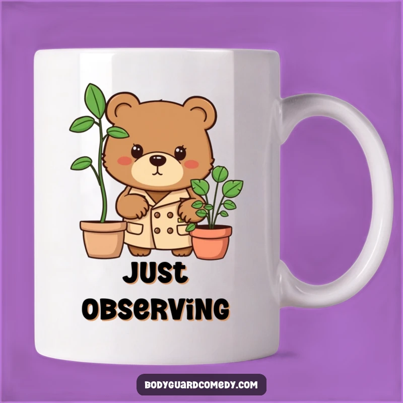 Funny Bear Mug: Detective Trench Coat, Intense Potted Plant Peeker, Humorous Gift!