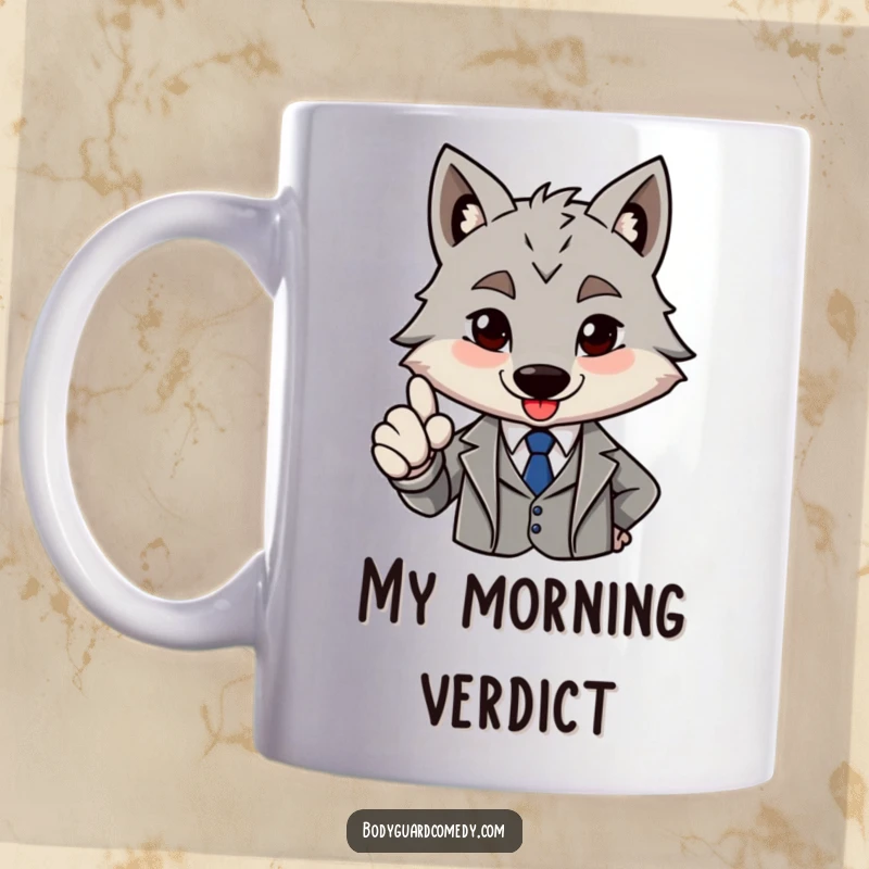 Funny brave grey wolf in a sharp suit giving a firm nod of approval on a mug, exuding confidence and sophistication.