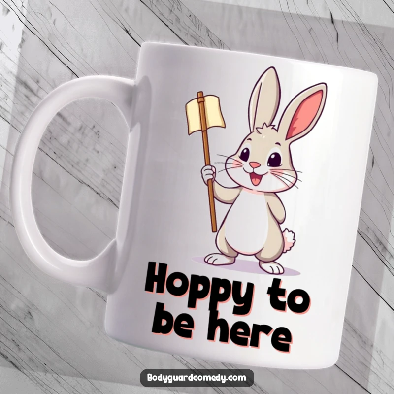 Funny mug depicting a brave rabbit holding a miniature banner with a bold, energetic posture, radiating enthusiasm and humor.