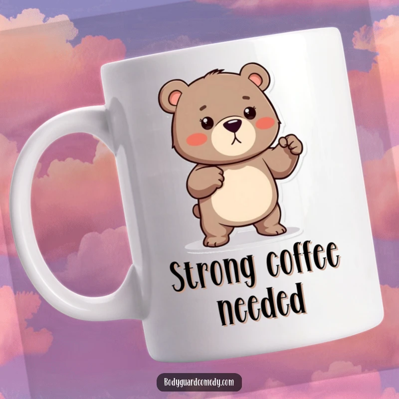 Funny mug featuring a protective bear playfully flexing its tiny muscles, with a ready-to-defend expression, radiating humorous strength.
