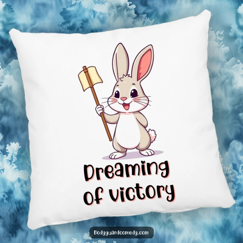 Funny pillow featuring a brave rabbit holding a miniature banner with a bold, energetic posture, providing comfort with humor.