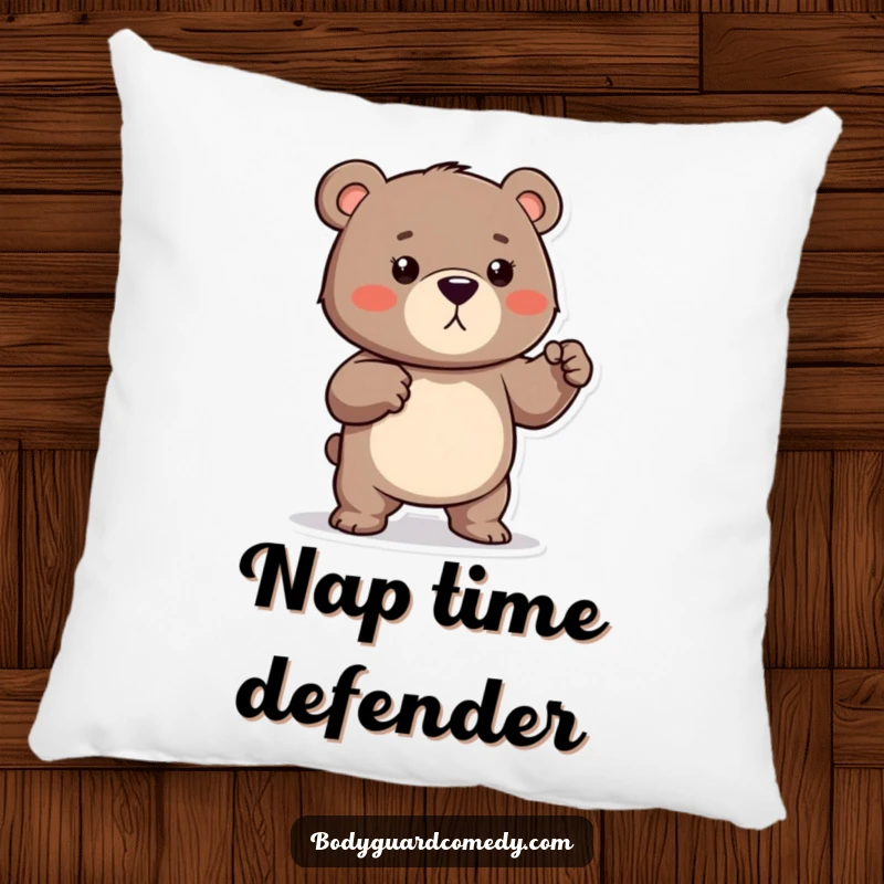 Funny pillow featuring a protective bear playfully flexing its small muscles, providing comfort with a humorous and strong presence.