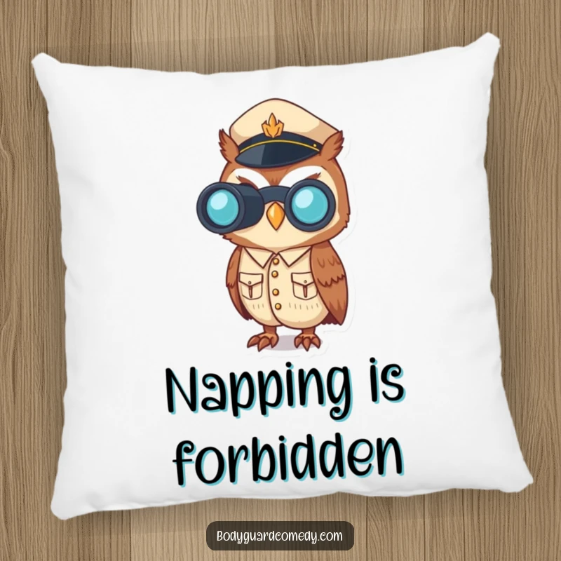 Funny pillow featuring a vigilant owl in a uniform, holding binoculars, offering comfort with a humorous, alert presence.