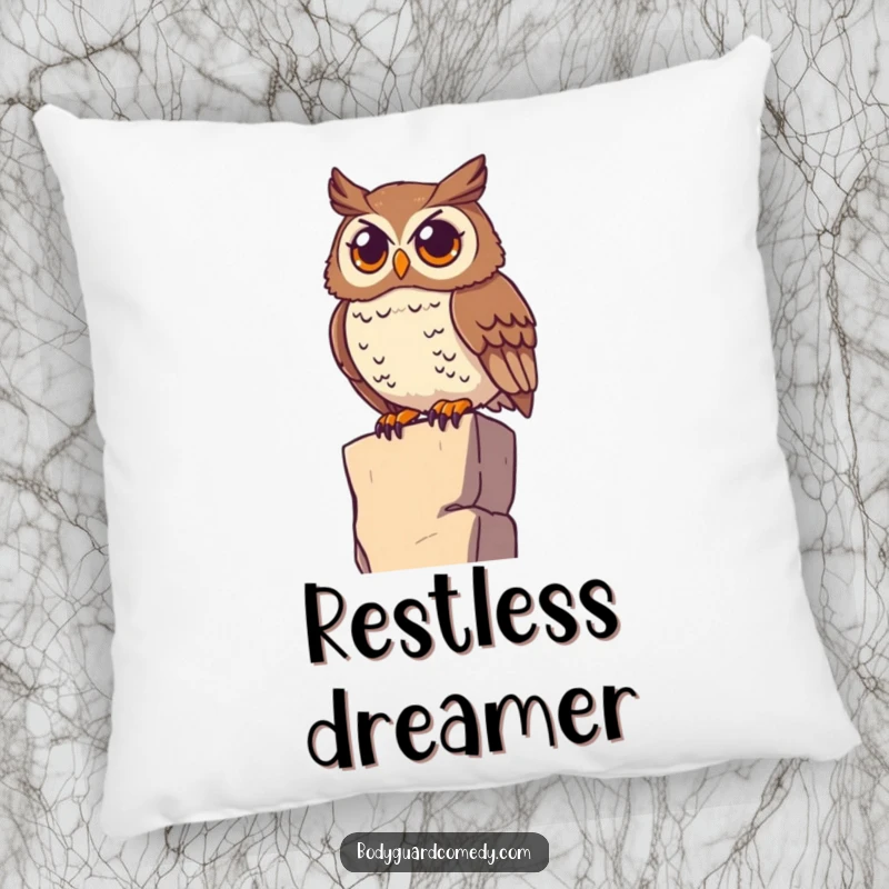 Funny watchful owl perched on a high ledge, scanning the horizon with wide eyes on a pillow, offering comfort with wise observation.