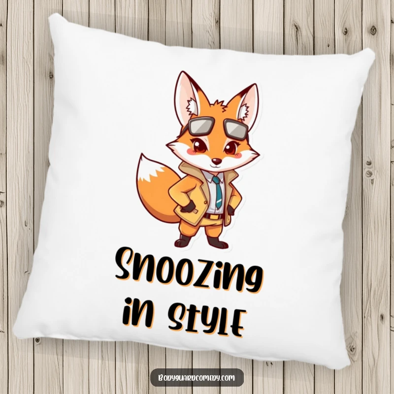 Funny pillow featuring an alert fox in a sharp outfit, posing confidently, providing comfort with a humorous and watchful presence.