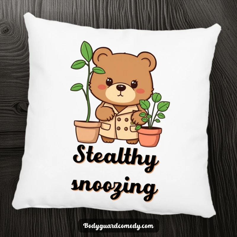 Funny brown bear in trench coat peering intently from behind a potted plant on a pillow, offering comfort with a humorous detective design.