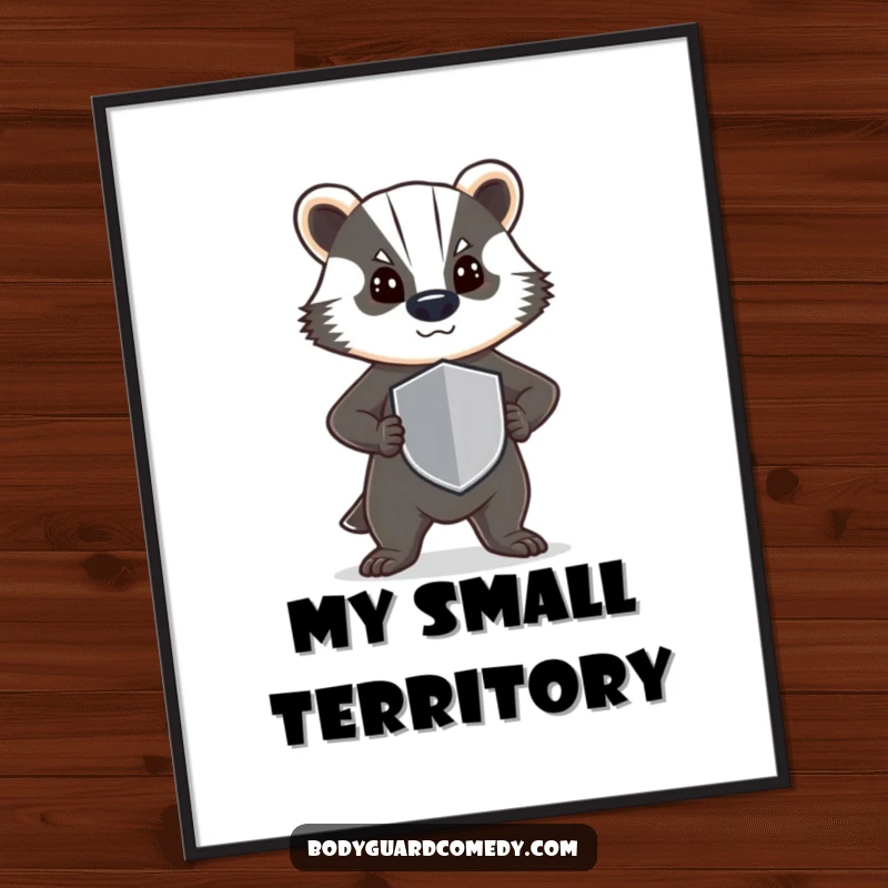 Funny digital art print of a steadfast badger standing guard with a small shield, perfect for humorous wall decor.