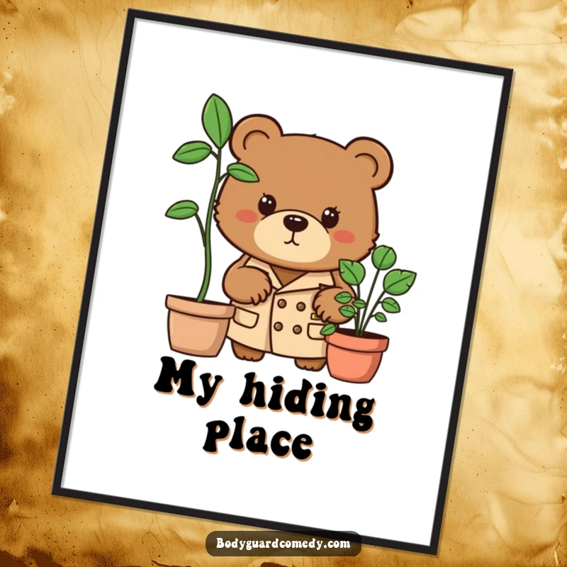 Funny brown bear in trench coat peering intensely from behind a potted plant, digital art print showcasing humorous detective intrigue.