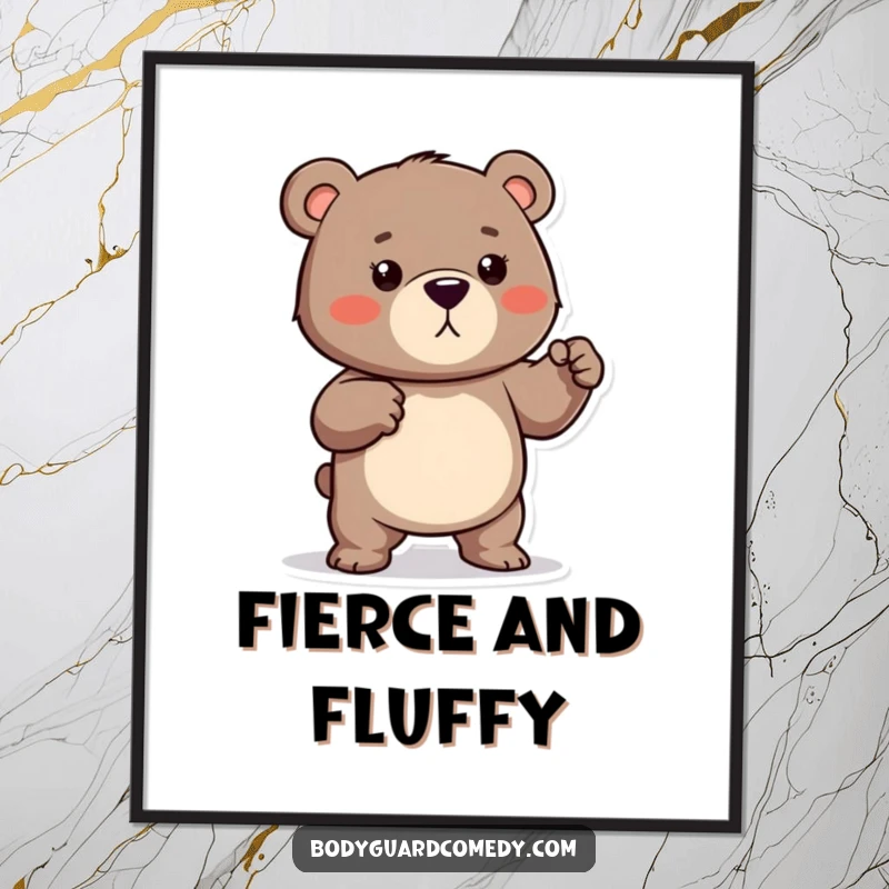 Funny digital art print of a protective bear playfully flexing its small muscles, perfect for humorous wall decor.