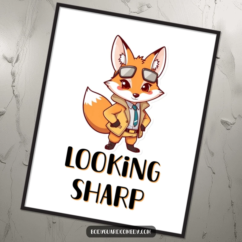 Funny digital art print of an alert fox in a sharp outfit, posing confidently, perfect for humorous wall decor.
