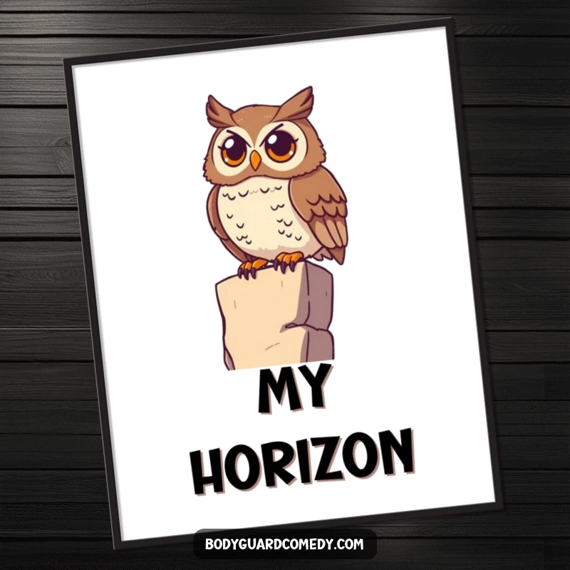 Funny watchful owl perched on a high ledge, scanning the horizon with wide eyes, digital art print showcasing wise observation and humor.