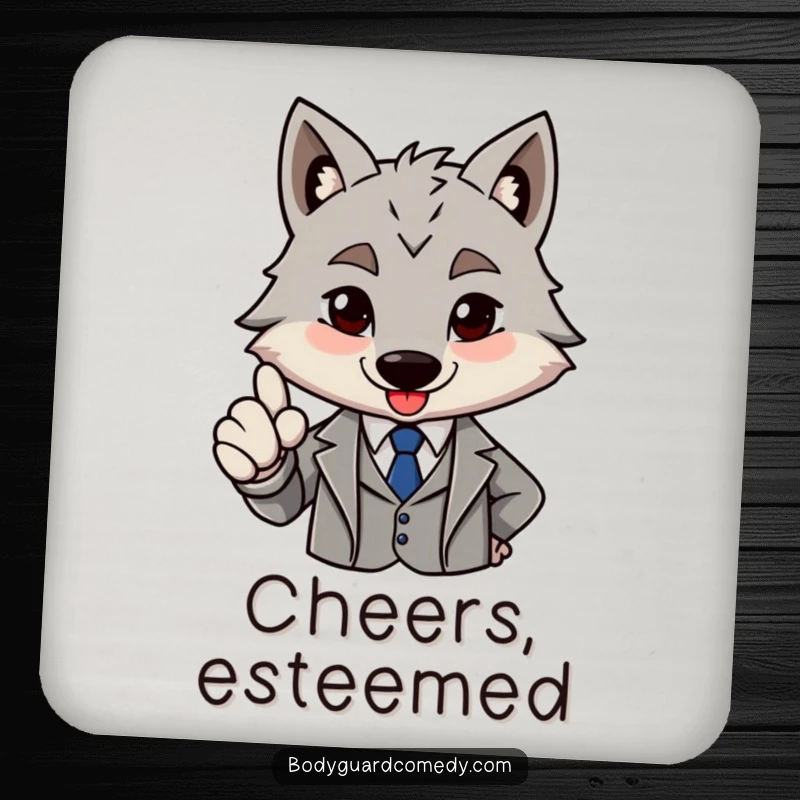 Funny brave grey wolf in a sharp suit giving a firm nod of approval on drink coasters, protecting surfaces with sophisticated approval.