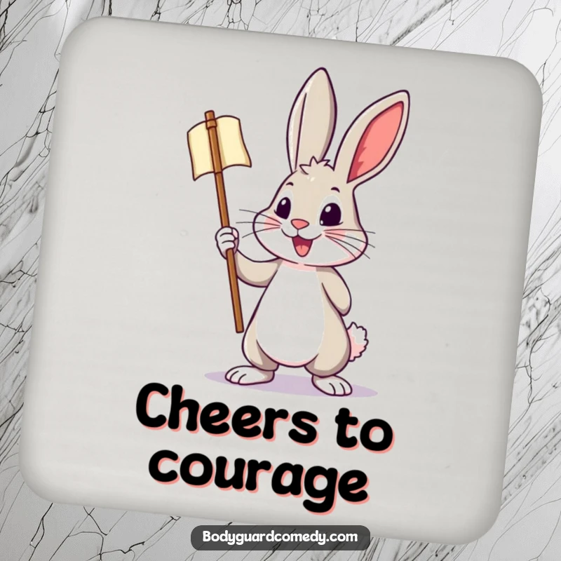 Funny coaster with a brave rabbit holding a banner, protecting surfaces with humor and energetic enthusiasm.