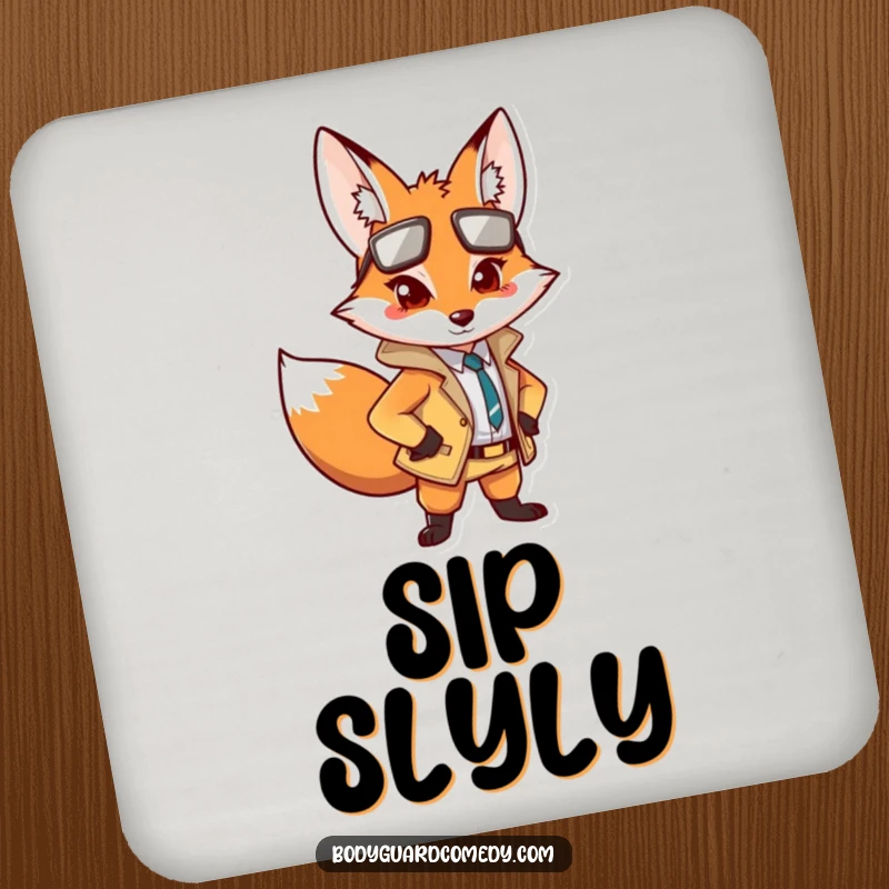 Funny coaster with an alert fox in a sharp outfit, protecting surfaces with humor and a watchful expression.