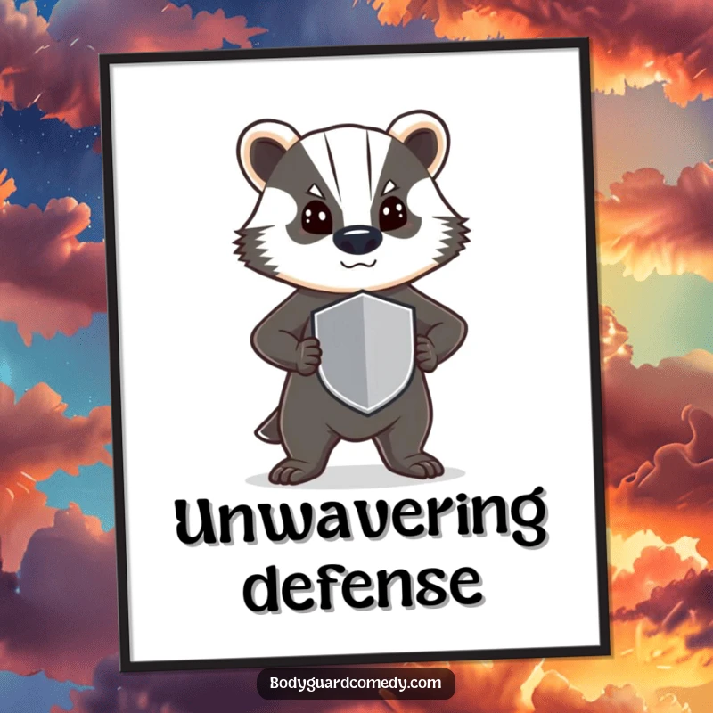 Funny wall art poster of a steadfast badger standing guard with a determined stance and a small shield, adding humorous bravery.