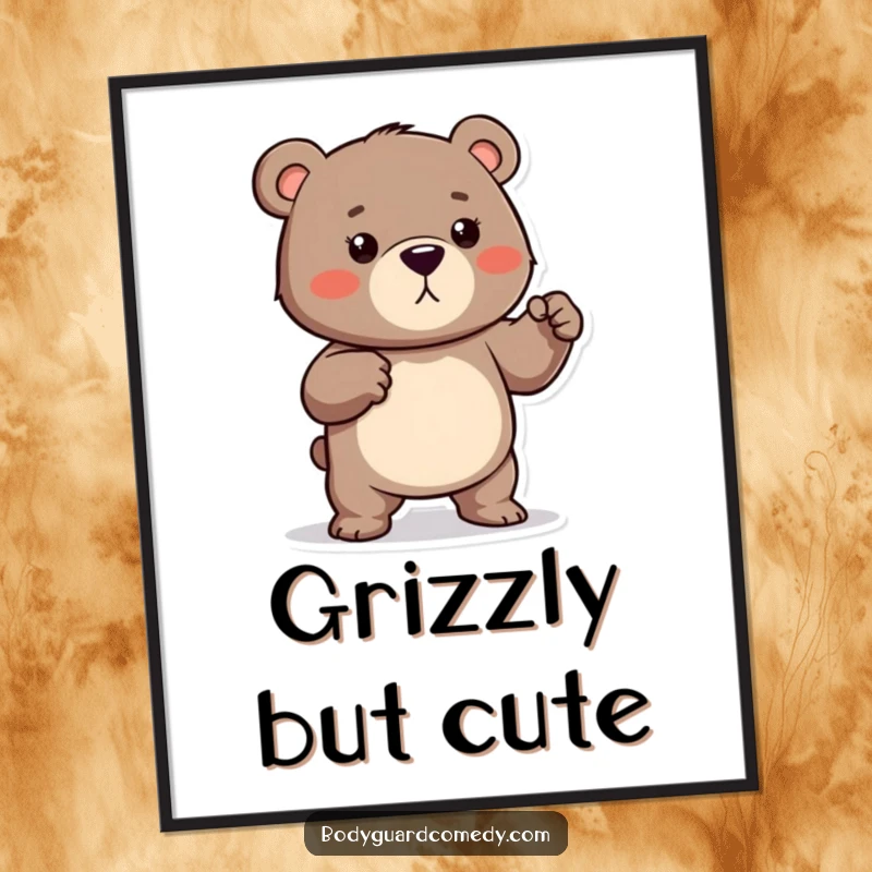Funny wall art poster of a protective bear playfully flexing tiny muscles, looking ready to defend, adding humorous strength.