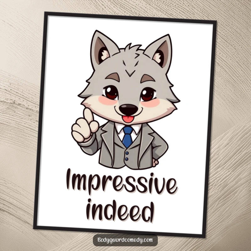 Funny brave grey wolf in a sharp suit giving a firm nod of approval on a poster, adding a touch of sophisticated humor to walls.