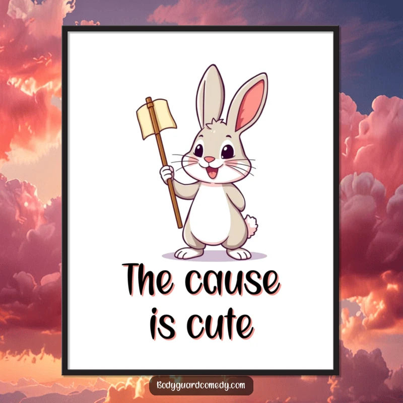 Funny wall art poster of a brave rabbit holding a miniature banner with a bold, energetic posture, adding humorous motivation.