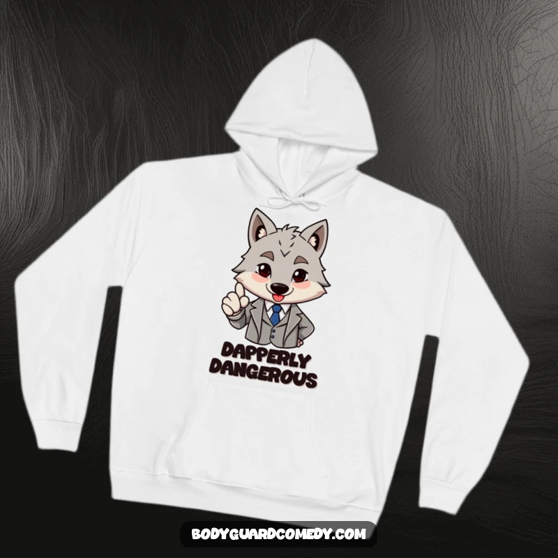 Funny brave grey wolf in a sharp suit giving a firm nod of approval on a hoodie, offering warmth with sophisticated and approving style.