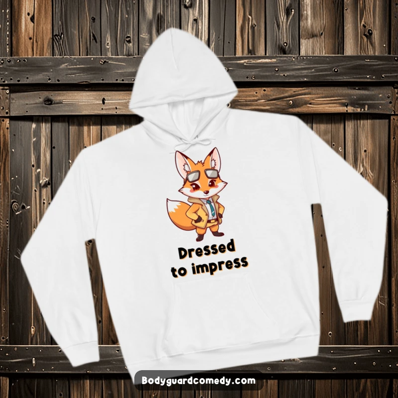 Funny hoodie featuring an alert fox in a fashionable outfit, striking a confident pose with watchful eyes, exuding wit.
