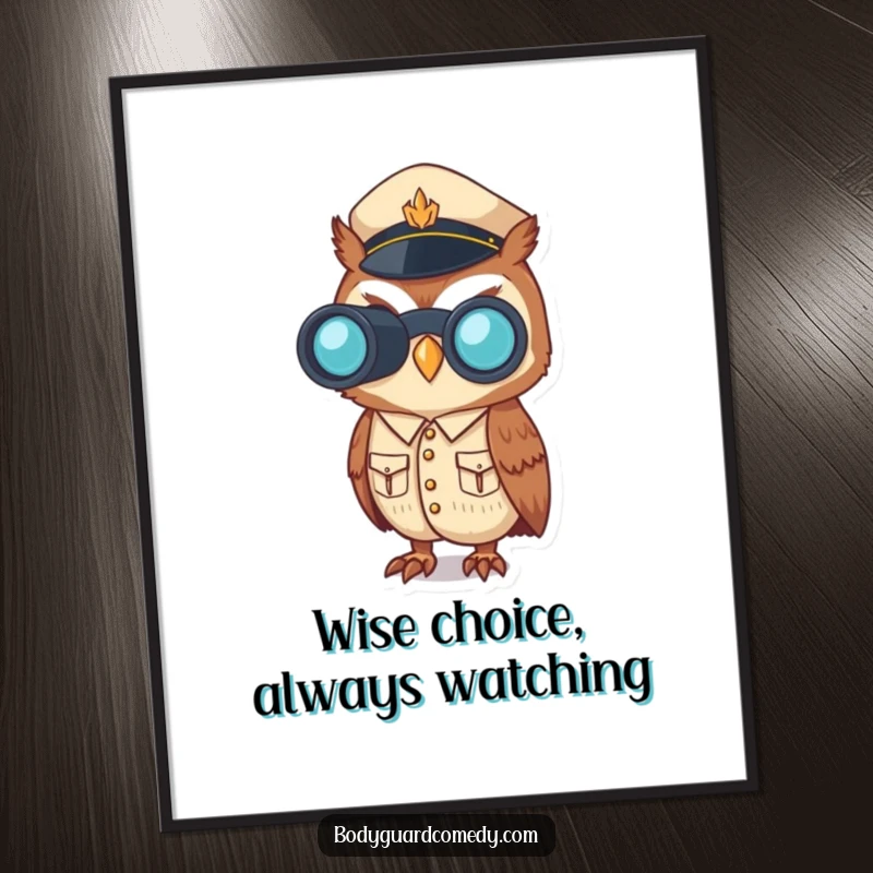 Funny Free Printable Wall Art of a uniformed owl with binoculars, exuding alertness and a hint of comedic vigilance.