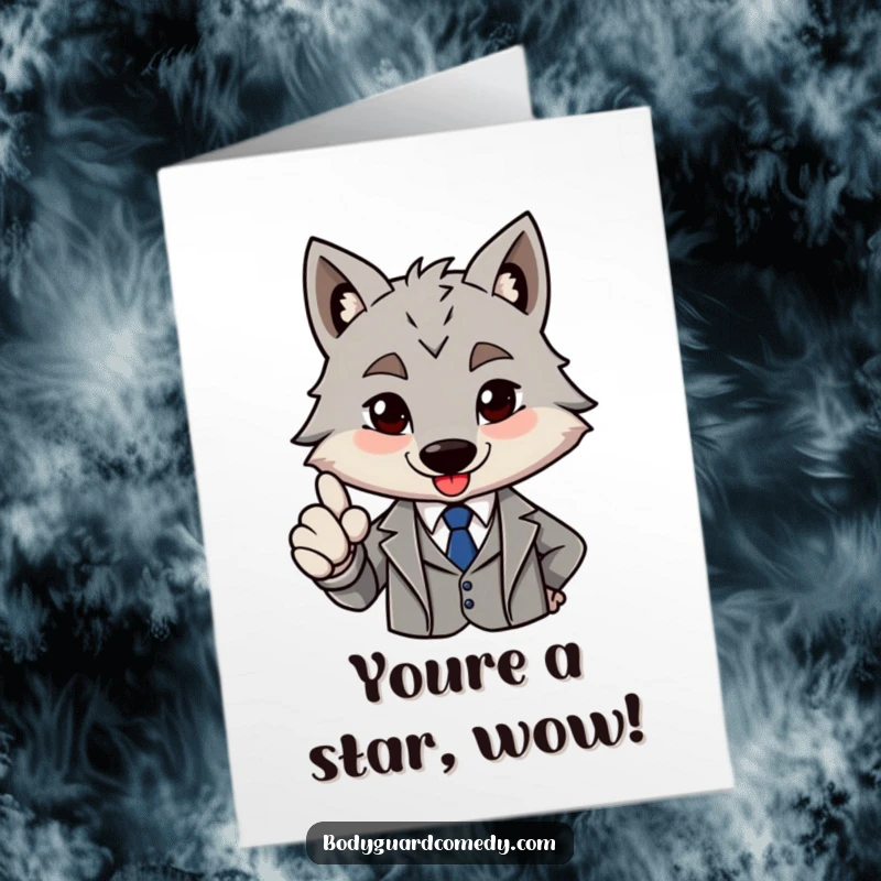 Funny Free Printable Congrats Card: Brave grey wolf in sharp suit gives a firm, approving nod, looking suave.