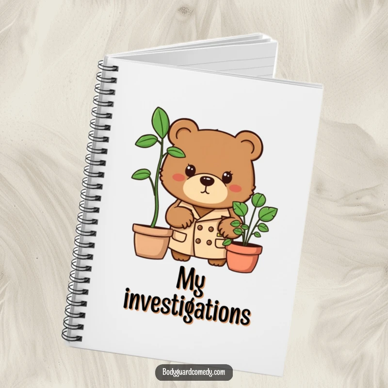 Funny brown bear in trench coat peering intently from behind a potted plant on a notebook, perfect for writing secret notes with humor.