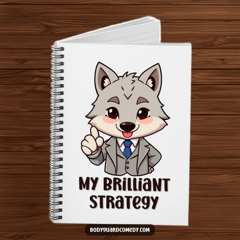 Funny brave grey wolf in a sharp suit giving a firm nod of approval on a notebook, perfect for writing with sophisticated approval.