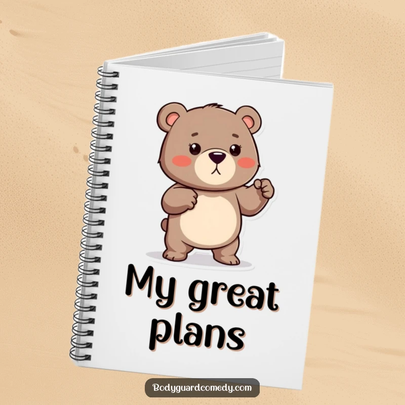 Funny notebook with a protective bear playfully flexing its muscles, designed for jotting down ideas with humor and strength.