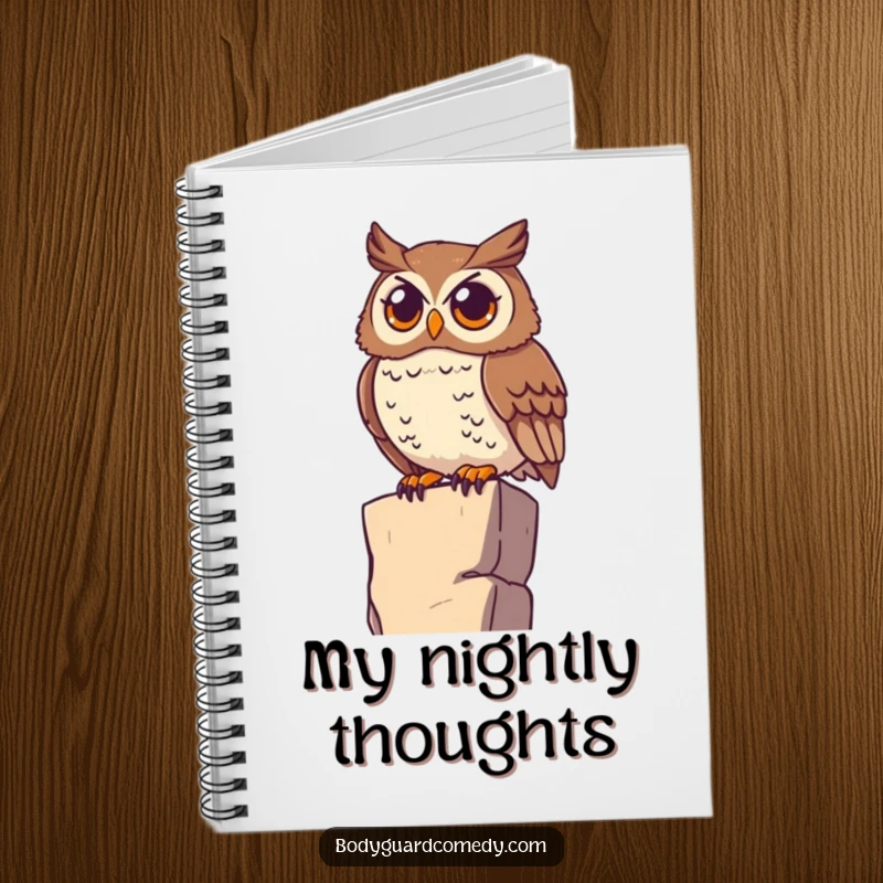 Funny watchful owl perched on a high ledge, scanning the horizon with wide eyes on a notebook, perfect for writing with wise observation.