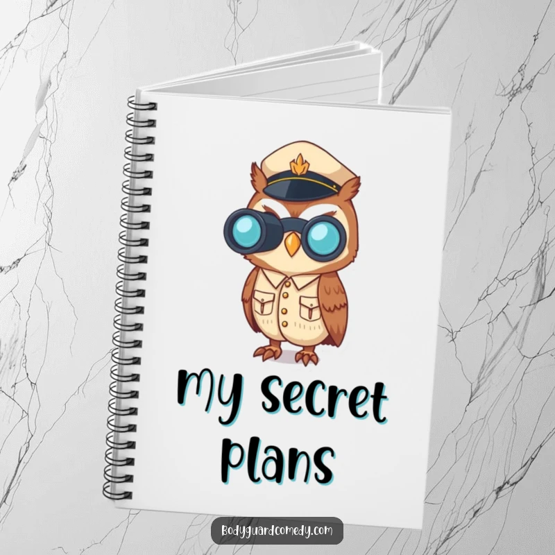 Funny notebook with a vigilant owl in uniform using binoculars, designed for jotting down thoughts with alertness and humor.