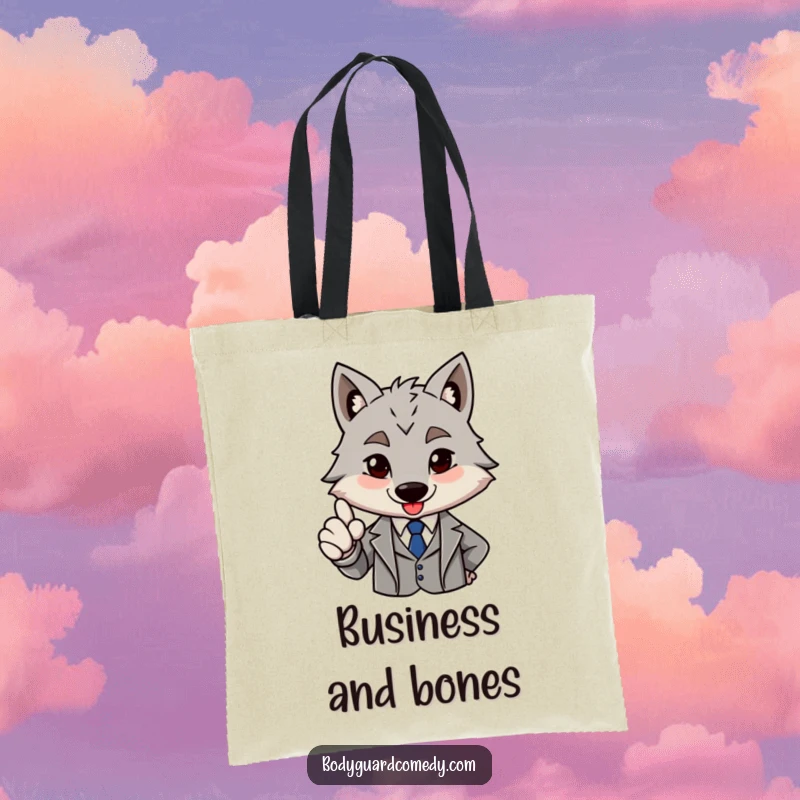 Funny brave grey wolf in a sharp suit giving a firm nod of approval on a tote bag, great for carrying items with style.