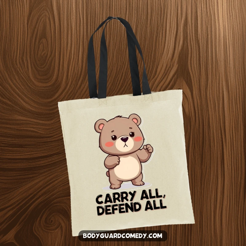 Funny tote bag featuring a protective bear playfully flexing its small muscles, ready to defend items with humorous strength.